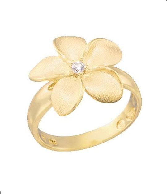 Plumeria-Ring aus 14 Kt. Gelbgold mit 3 Diamanten