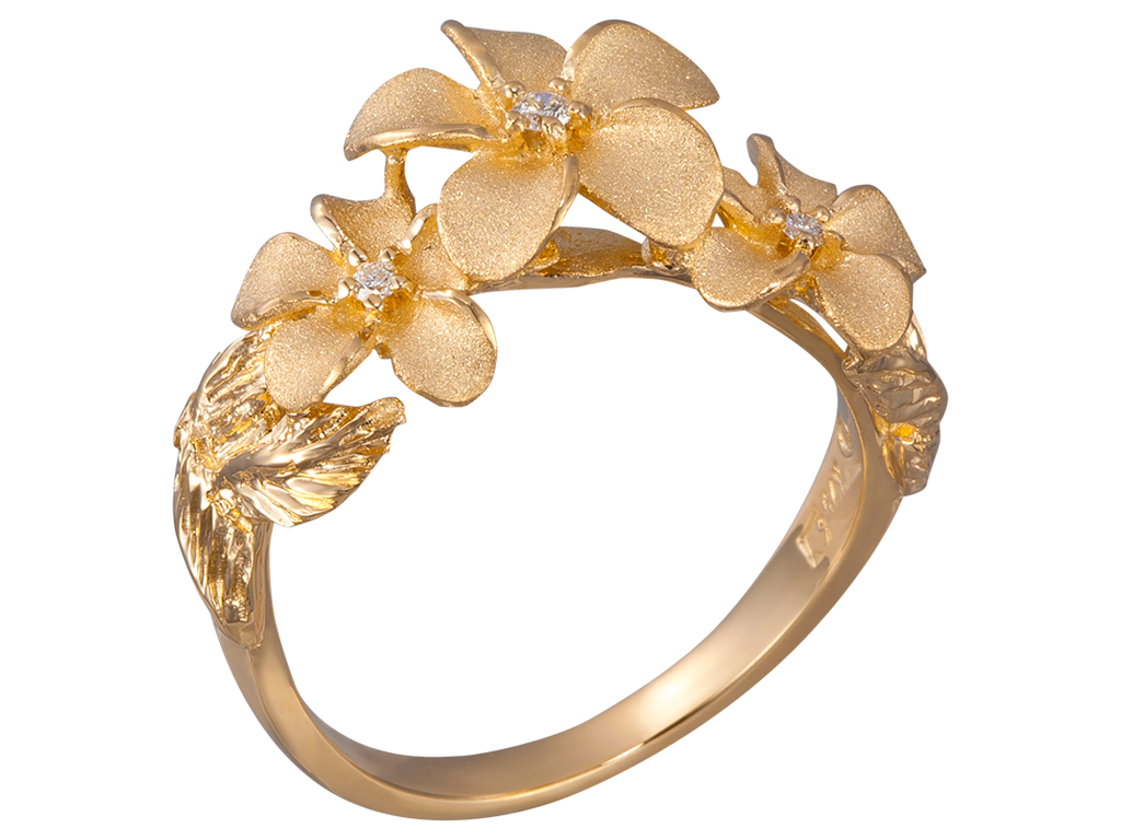 14k 11mm Plumeria Ring with 3 diamonds