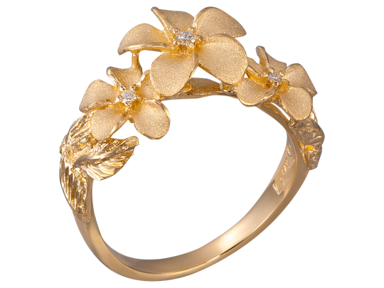 Bague de plumeria de 14k 11 mm avec 3 diamants
