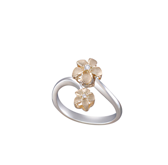 14K 2 / Tone 6 et 8 mm "Hang 5" Plumeria Anneau avec 2 diamants