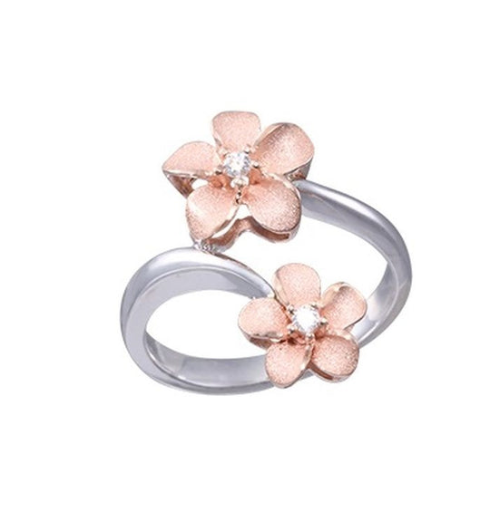 14K 2 / Tone 8 et 11 mm "Hang 5" Plumeria Ring avec 2 diamants