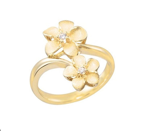 Plumeria-Ring aus 14 Kt. Gelbgold mit 3 Diamanten