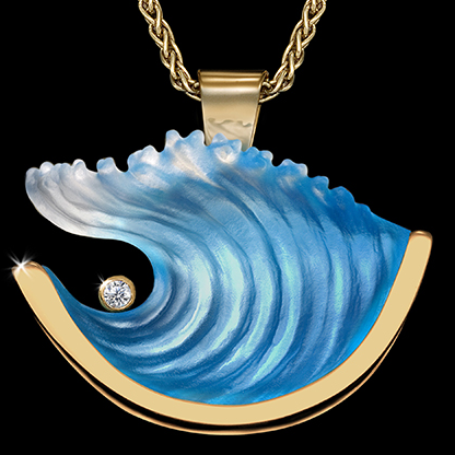 14k Große Gelbe Gold Wave Anhänger mit Diamant