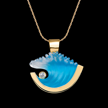 14K Medium Gelb Gold Welle Anhänger mit Diamant