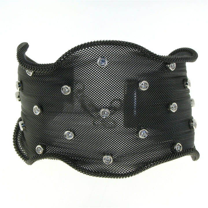 Sterling Silver Bezeled CZ Black Wave Mesh Bangle