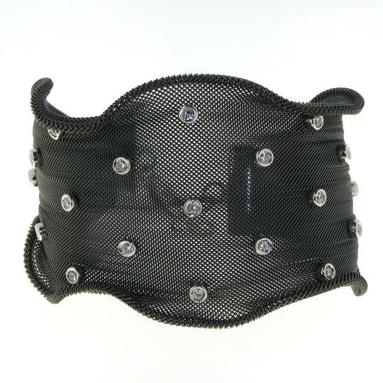 Sterling Silver Bezeled CZ Black Wave Mesh Bangle