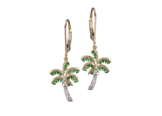 14k 2/tone 15mm Single Palm Tree Earrings with 10 Diamonds and 40 Tsavorites