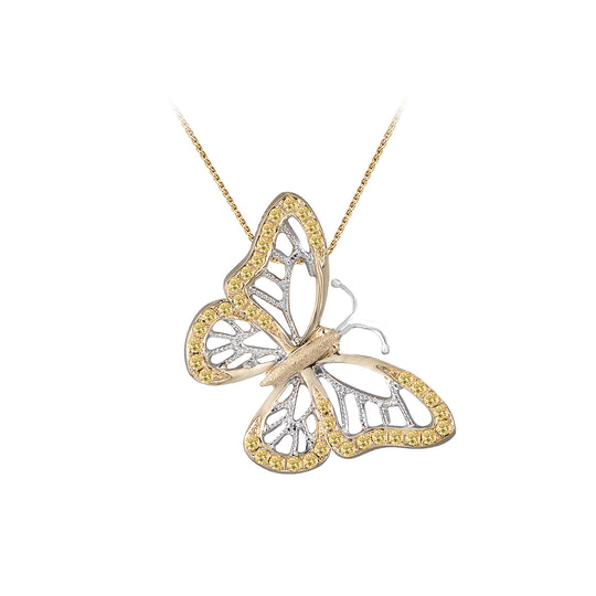 Pendant 14K 2 / Tone Single Butterfly (Morpho bleu) avec 48 saphirs bleus