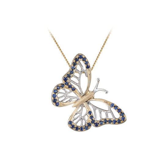 Pendant 14K 2 / Tone Single Butterfly (Morpho bleu) avec 48 saphirs bleus
