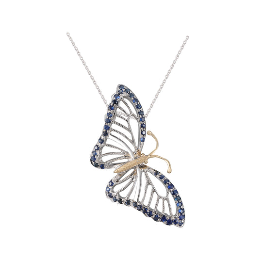 Pendant 14K 2 / Tone Single Butterfly (Morpho bleu) avec 48 saphirs bleus