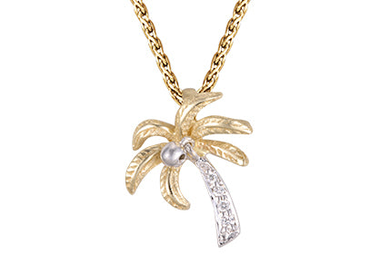 14k 2/tone 15mm Single Palm Tree Pendant with 5 Diamonds
