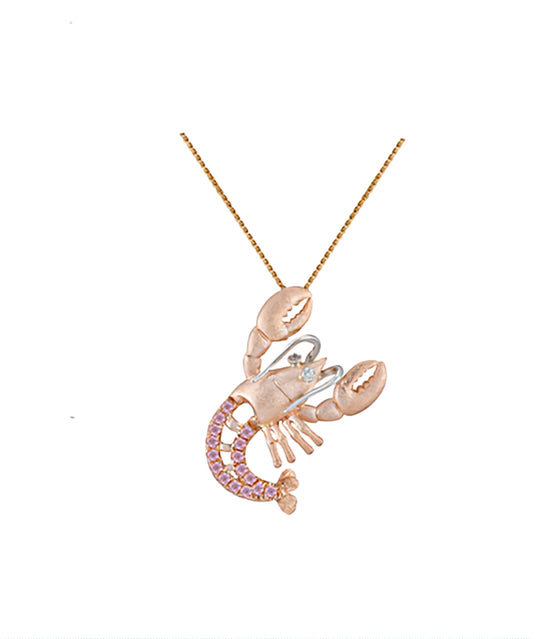 Colgante de langosta de 14k 2/tono con 2 diamantes y 16 zafiros rosa pastel