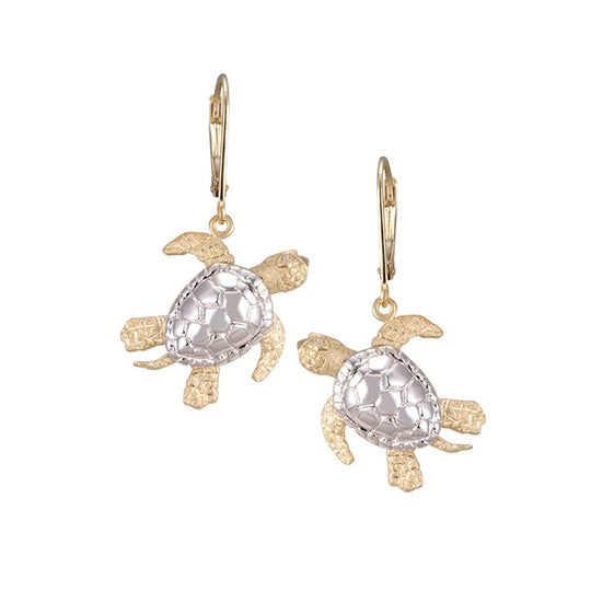 14k 2/tone 20mm Sea Turtle Earring with 4 Diamonds