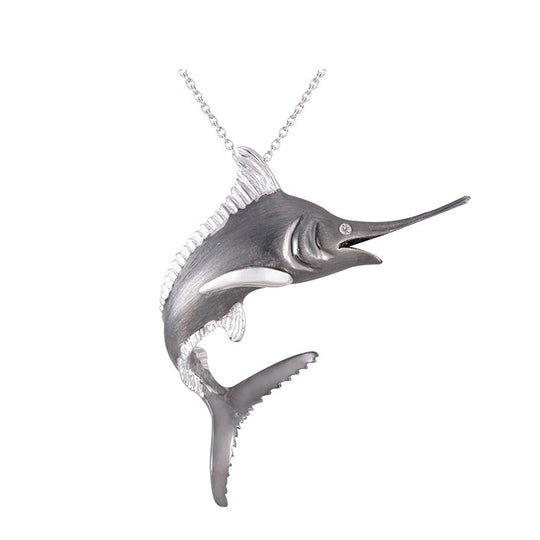 Precious Silver 40mm Blue Marlin Pendant with 2 Diamonds