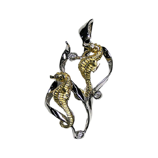 14K Zwei Ton Single Sea Horse Anhänger mit 3 Diamanten