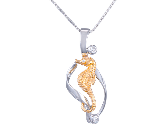 14K Zwei Ton Single Sea Horse Anhänger mit 3 Diamanten