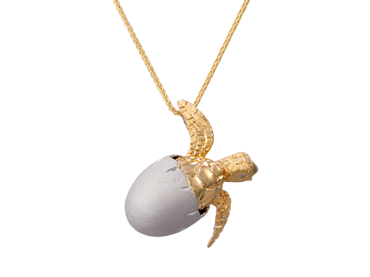 14k 2/tone 20mm Hatching Turtle Pendant with 2 Diamonds