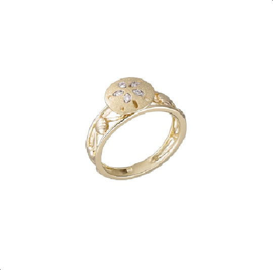 Anillo de dólar de arena de 14k 8 mm con 5 diamantes