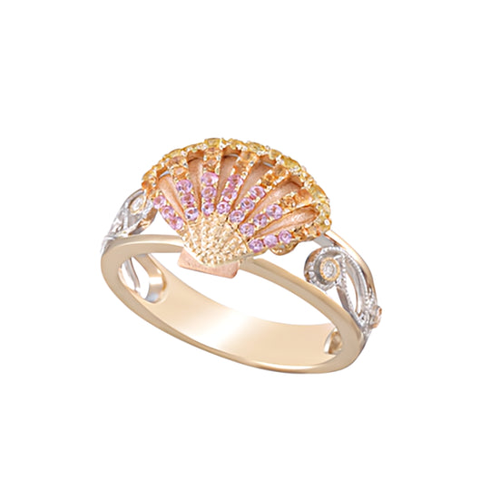 Anneau de shell 14k 3 / Tone avec 4 diamants et 48 saphirs colorés