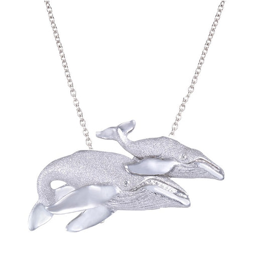 Precious Silver 36mm Whale Pendant "First Breath" with 2 Diamonds