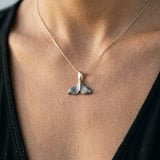 Precious Silver/14KY 15mm Whale Tail Pendant with Black Rhodium — worn on model (brunette, view 4)