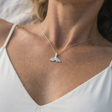 Precious Silver/14KY 15mm Whale Tail Pendant — worn on model (blonde, view 4)