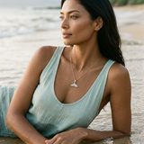 Precious Silver/14KY 20mm Whale Tail Pendant with Black Rhodium — worn on model (brunette, view 2)