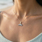 Precious Silver/14KY 20mm Whale Tail Pendant with Black Rhodium — worn on model (brunette, view 4)