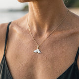 Precious Silver/14KY 20mm Whale Tail Pendant — worn on model (blonde, view 4)
