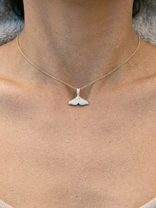 Precious Silver/14KY 25mm Whale Tail Pendant with Black Rhodium