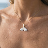 Precious Silver/14KY 25mm Whale Tail Pendant — worn on model (blonde, view 4)