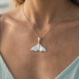 Precious Silver/14KY 25mm Whale Tail Pendant — worn on model (blonde, view 4)