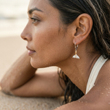 Precious Silver/14KY 15mm Whale Tail Earrings with Dangle Leverback — worn on model (brunette, view 3)