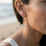 Precious Silver/14KY 15mm Whale Tail Earrings with Dangle Leverback — worn on model (brunette, view 4)