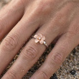 14k Plumeria Rose Gold and White Gold Diamond Ring — worn on model (blonde, view 3)