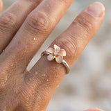 14k Plumeria Rose Gold and White Gold Diamond Ring — worn on model (blonde, view 4)