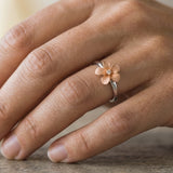 14k Plumeria Rose Gold and White Gold Diamond Ring — worn on model (blonde, view 3)