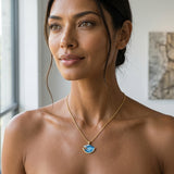 14k Large Yellow Gold Wave Pendant with Diamond — worn on model (brunette, view 1)