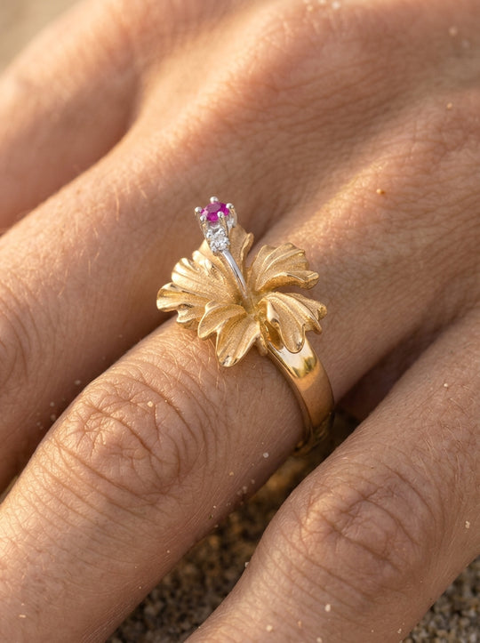 15mm 14k Hibiscus Ring with 2 diamonds and ruby