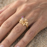 15mm 14k Hibiscus Ring with 2 diamonds and ruby — worn on model (blonde, view 3)
