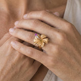 15mm 14k Hibiscus Ring with 2 diamonds and ruby — worn on model (blonde, view 4)