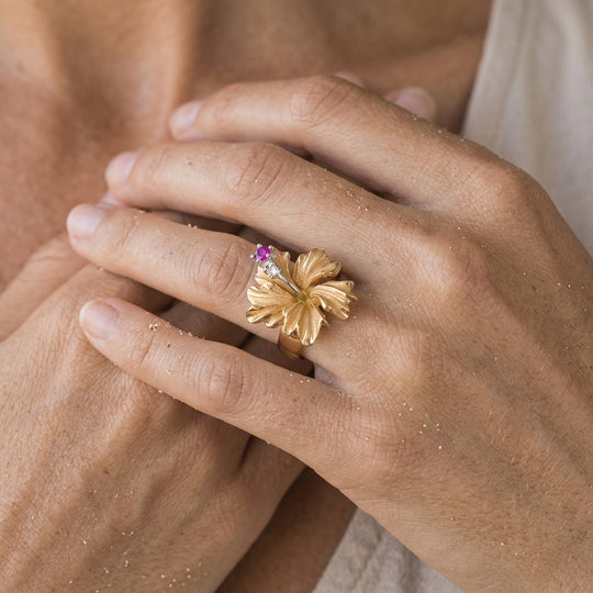 15mm 14k Hibiscus Ring with 2 diamonds and ruby