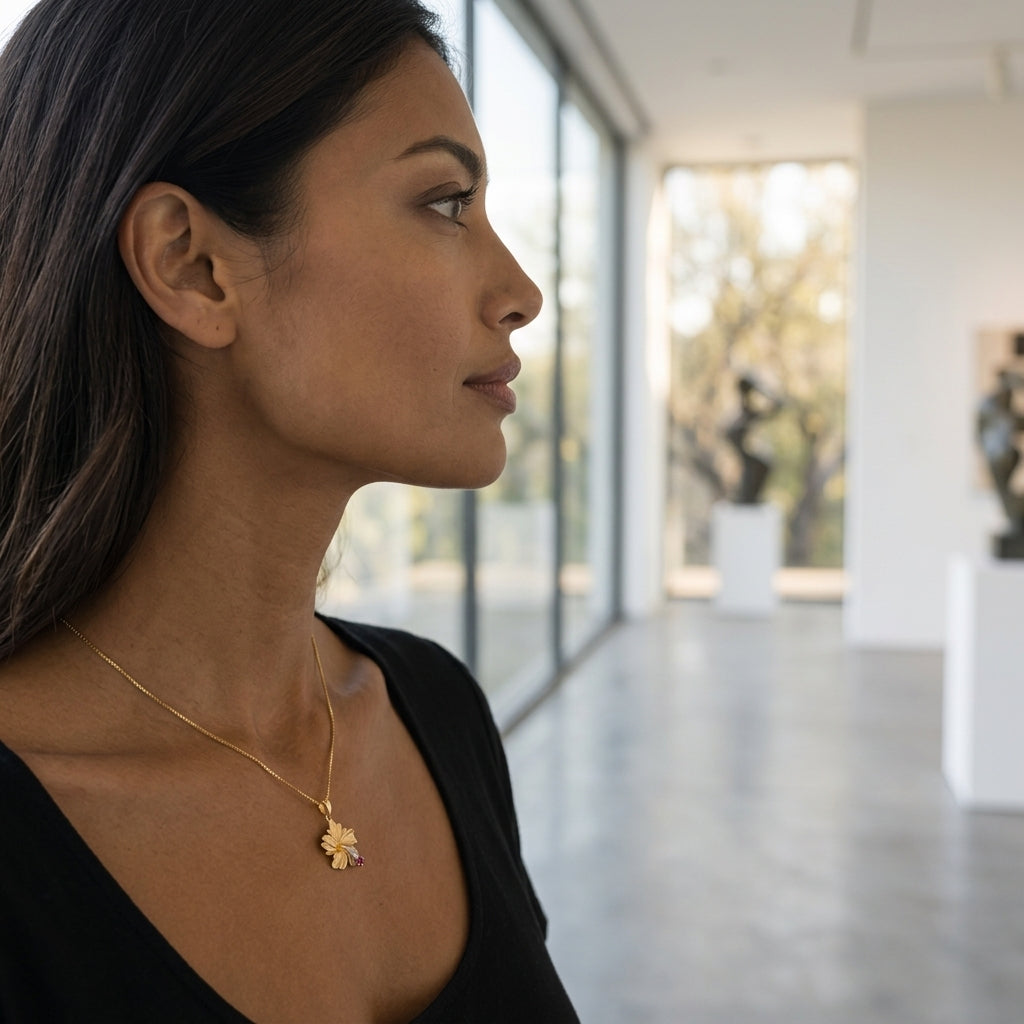 14k 15mm Hibiscus Pendant with 2 Diamonds and Ruby — worn on model (brunette, view 1)