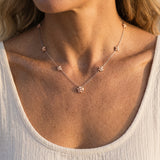 14k Two Tone Plumeria Necklace with 20 diamonds — worn on model (blonde, view 3)