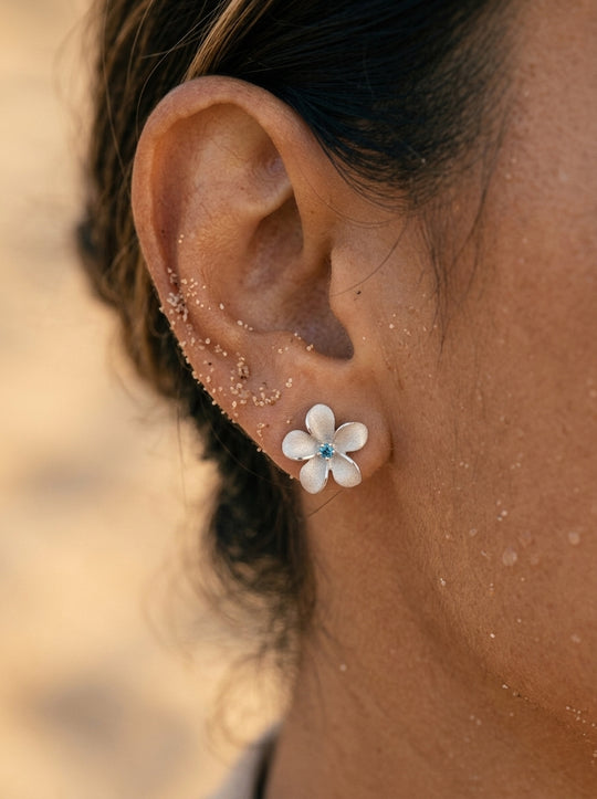 14k White Gold 13mm Plumeria Earring with Blue Diamond