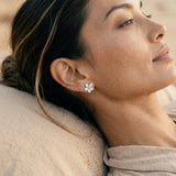14k White Gold 13mm Plumeria Earring with Blue Diamond — worn on model (brunette, view 3)