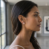 14k 11mm Plumeria Diamond Earrings — worn on model (brunette, view 2)