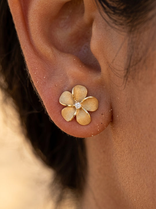 14k 11mm Plumeria Earrings with 2 Diamonds