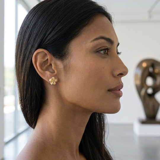 14k 11mm Plumeria Earrings with 2 Diamonds