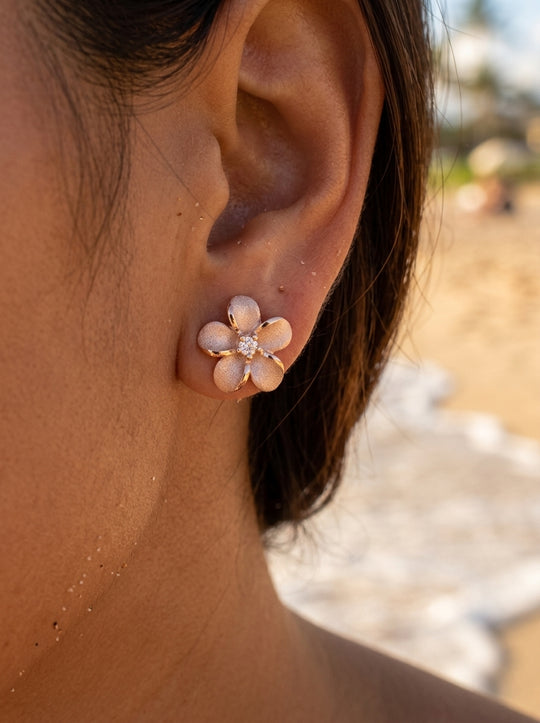 14k 8mm Plumeria Earrings with 2 Diamonds